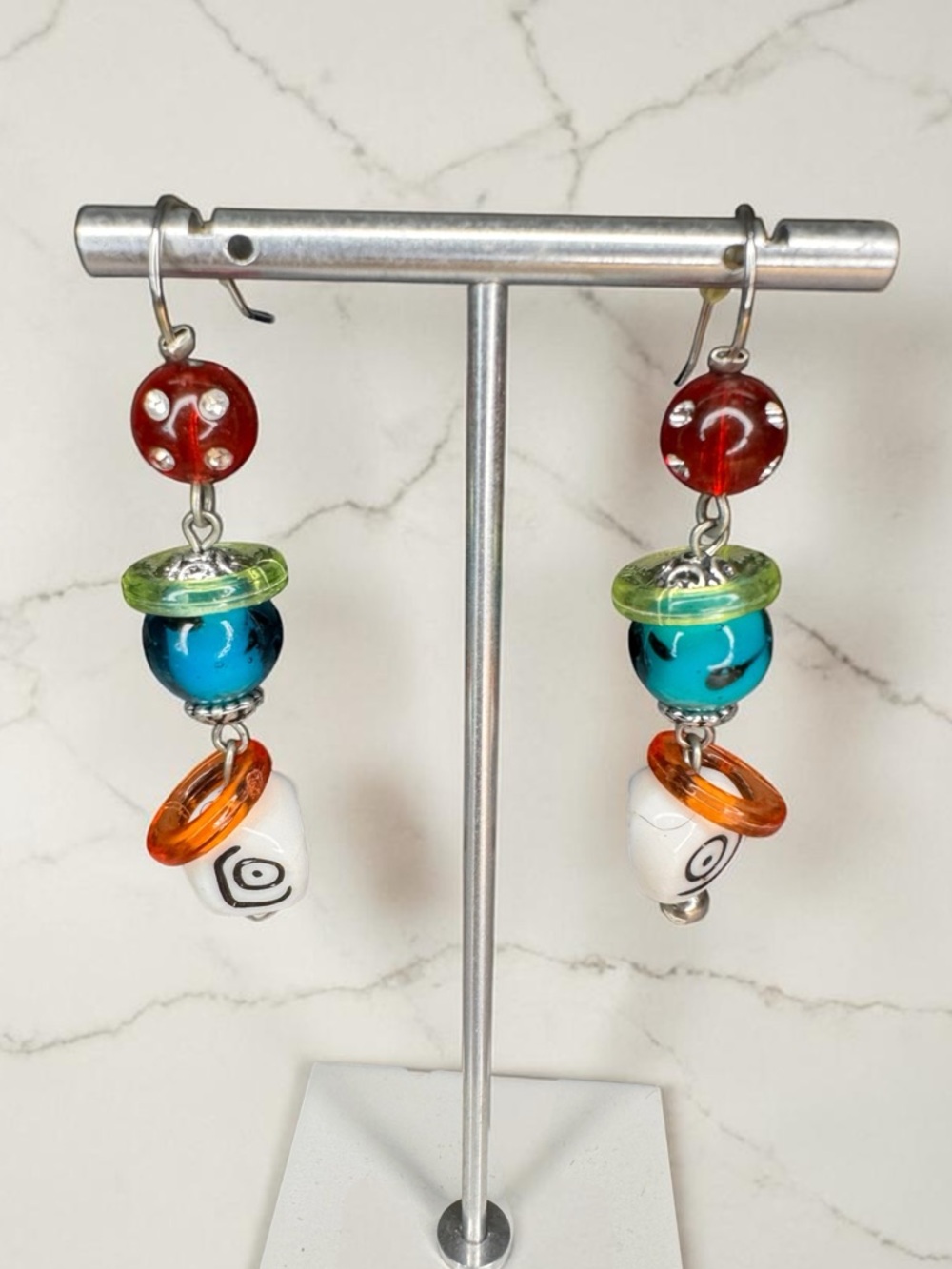 Funky Colorful Beaded Drop Earrings Eclectic Artsy - SKU C